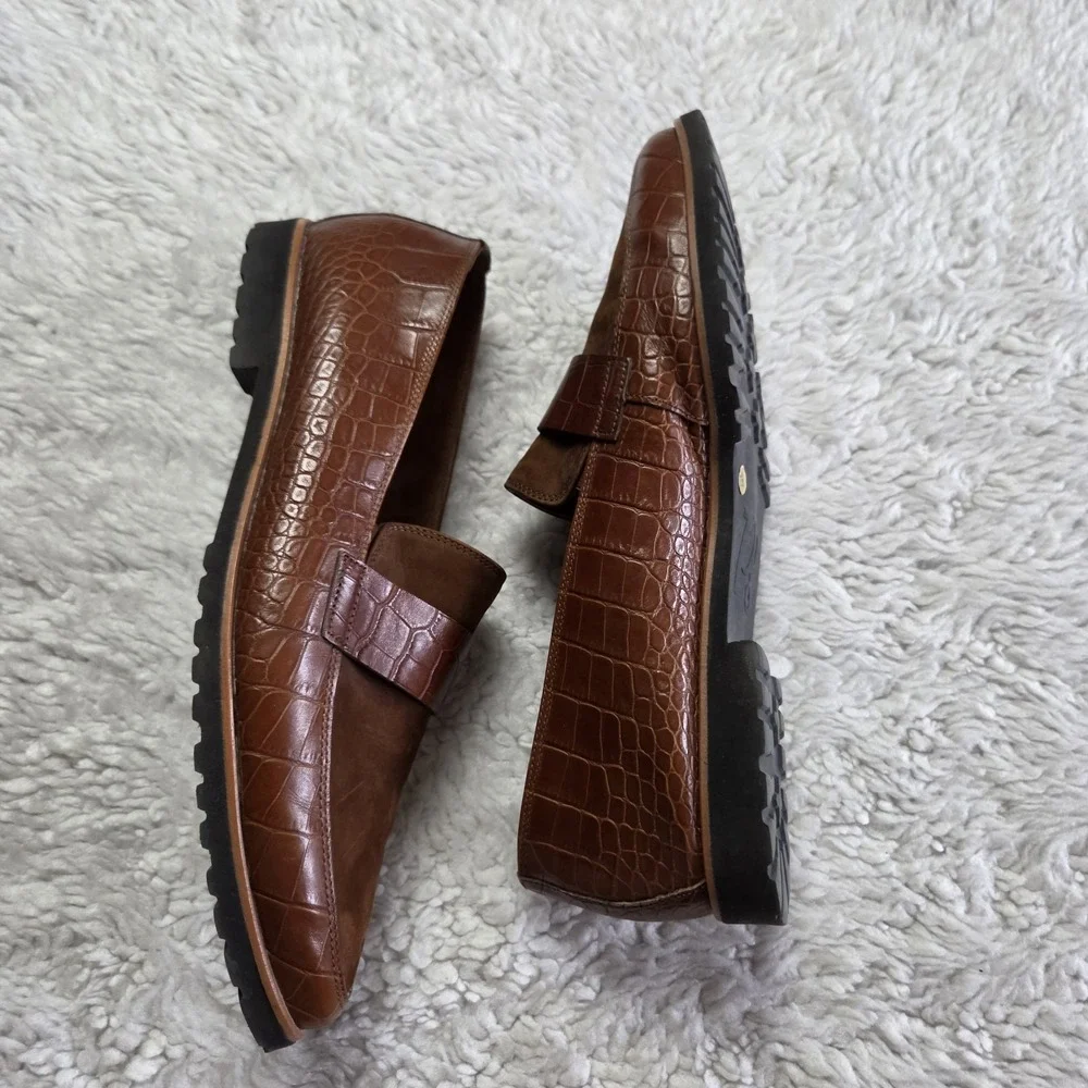 Paul Green Dara Leather Croc Embossed Pointed Loafers Size 10 US / 7.5 UK Brown